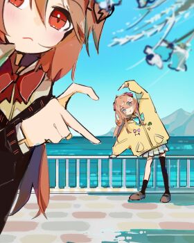 2girls :> aqua_bow aqua_bowtie arm_up baggy_clothes black_cardigan black_thighhighs blue_eyes blue_sailor_collar blue_skirt blue_sky blurry blurry_foreground blush bow bowtie broken_heart broken_heart_hair_ornament brown_hair brown_shoes cardigan closed_mouth collared_shirt day double-parted_bangs evil_neuro-sama flower frown full_body hair_between_eyes hair_ornament hair_ribbon hand_up heart heart_arms heart_arms_duo heart_hair_ornament heart_hands heart_hands_duo highres horizon loafers long_hair long_sleeves looking_at_viewer miniskirt mountainous_horizon multiple_girls neuro-sama nostyx_x ocean outdoors pleated_skirt railing red_bow red_bowtie red_eyes red_ribbon ribbon sailor_collar shirt shoes siblings sisters skirt sky smile standing stone_floor thighhighs twins two_side_up vedal_ai water white_flower white_shirt yellow_cardigan