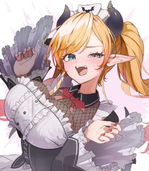 Rule 34 | 1girl, blue eyes, blush, breasts, demon girl, demon horns, fishnets, highres, hololive, horns, large breasts, maid, maid headdress, moritatsu, official alternate costume, open mouth, pointy ears, simple background, solo, upper body, virtual youtuber, white background, wide sleeves, yuzuki choco, yuzuki choco (maid)