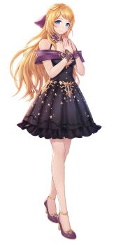 1girl artist_request bare_legs black_dress blue_eyes bow breasts cleavage cleavage_cutout clothing_cutout cocktail_dress commentary commentary_request dress english_commentary formal_clothes frey_(king&#039;s_raid) full_body gem gold_trim hair_bow hands_up high_heels highres king&#039;s_raid korean_commentary long_hair medium_breasts medium_dress mixed-language_commentary off-shoulder_dress off_shoulder official_alternate_costume official_art own_hands_together pink_gemstone purple_bow purple_shoes purple_wrist_cuffs second-party_source shoes simple_background smile solo steepled_fingers wavy_hair white_background wrist_cuffs