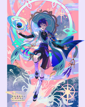 1boy aqua_halo armor belt black_belt black_bodysuit black_bow black_bridal_gauntlets black_mouth black_sandals black_shorts blue_cape blue_eyes blue_gemstone blue_hat blue_kimono blue_sleeves blunt_ends bodysuit border bow bridal_gauntlets bright_pupils cape commentary curled_fingers feathers full_body gem genshin_impact gold gold_trim grey_border hakama hakama_shorts halo halo_behind_head hat highres japanese_armor japanese_clothes jingasa juban kimono knee_up kote kurokote layered_sleeves leg_warmers looking_at_viewer magic_circle male_focus mandala mandarin_collar mudra open_clothes open_hand open_kimono open_mouth outstretched_arms pillarboxed pink_background pleated_shorts pom_pom_(clothes) purple_hair purple_rope purple_sash rope sandals sash scaramouche_(genshin_impact) short_sleeves shorts shoulder_peek solo spread_arms star_(sky) static symbol-only_commentary tassel teeth teki_(kakari) toenails toes tongue tsurime twitter_username upper_teeth_only vortex wanderer_(genshin_impact) watermark white_kimono white_leg_warmers white_pupils white_sleeves wispy_bangs yellow_feathers zouri