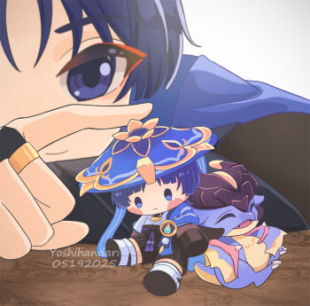 Rule 34 | 1boy, arm rest, armor, belt, black belt, black bow, black bridal gauntlets, black leggings, black shorts, blue hair, blue hat, blunt ends, bow, bridal gauntlets, character doll, closed mouth, doll, dragon, eyeliner, eyeshadow, genshin impact, gold, gold ring, hakama, hakama shorts, handari, hat, head rest, index finger raised, japanese armor, japanese clothes, jingasa, kimono, kote, kurokote, leg warmers, leggings, looking at doll, looking at object, makeup, mandala, middle ring, mini durin (dragon) (genshin impact), mini durin (genshin impact), pleated shorts, purple eyes, purple rope, red eyeliner, red eyeshadow, rope, scaramouche (genshin impact), shorts, small dragon, smile, tassel, wanderer (genshin impact), white background, white kimono, white leg warmers