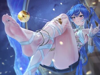 1girl bare_shoulders barefoot black_skirt blue_eyes blue_hair breasts commentary_request derivative_work feet foot_focus foreshortening gold_bra hair_belt hand_up head_wreath highres iuno_(wuthering_waves) jewelry leg_wrap long_hair looking_at_viewer medium_breasts miniskirt orb parted_lips presenting_foot purufa screenshot_redraw skirt smile soles solo thighlet thighs toe_ring toes twintails wuthering_waves