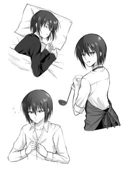 1boy alternate_costume angel_beats! apron blush closed_eyes closed_mouth collared_shirt commentary cropped_torso dress_shirt dressing greyscale hair_between_eyes hands_up head_on_pillow holding holding_ladle ladle long_sleeves looking_at_viewer looking_back lying male_focus monochrome multiple_views naoi_ayato on_side parted_lips pillow shirt short_hair sleeping smile squeans tsurime under_covers upper_body user_vkcr5455 white_shirt