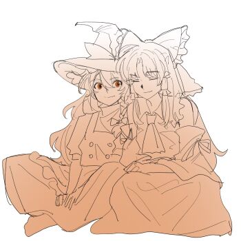 Rule 34 | 2girls, apron, ascot, bow, braid, closed mouth, commentary, detached sleeves, english commentary, frilled bow, frilled hair tubes, frills, hair bow, hair tubes, hakurei reimu, hat, hat bow, highres, kirisame marisa, kouyicha, leaning on person, long hair, monochrome, multiple girls, orange theme, side braid, simple background, single braid, sitting, sketch, sleeping, sleeping on person, smile, touhou, vest, white background, witch hat, yuri