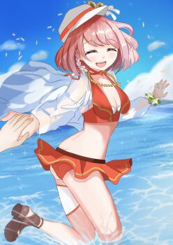 1girl ass bikini breasts brown_sandals cleavage closed_eyes fire_emblem fire_emblem_engage fire_emblem_heroes flat_cap hat highres holding_hands jacket kojikoji_(kojikoji_illust) lapis_(fire_emblem) lapis_(forager_of_the_sea)_(fire_emblem) nintendo open_mouth pink_hair pov red_bikini sandals see-through_clothes see-through_jacket swimsuit teeth two-tone_hat upper_teeth_only white_hat white_jacket