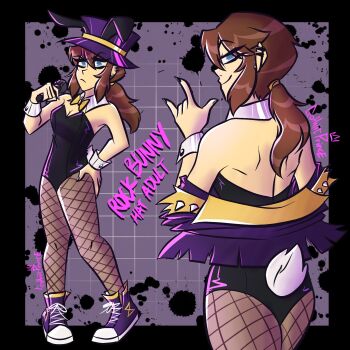 1girl a_hat_in_time aged_up alternate_costume animal_ears bare_shoulders black_leotard blue_eyes bow bowtie breasts brown_hair buttoned_cuffs buttons commentary detached_collar english_commentary fake_animal_ears fishnet_pantyhose fishnets gothiccprince hair_tie hat hat_kid highres holding holding_microphone leotard long_hair microphone multiple_views pantyhose playboy_bunny ponytail purple_hat purple_shoes rabbit_ears rabbit_tail shoes sidelocks signature tail top_hat white_tail wrist_cuffs yellow_bow yellow_bowtie