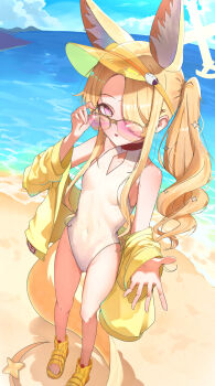 1girl absurdres adjusting_eyewear animal_ear_fluff animal_ears bare_legs bare_shoulders beach blonde_hair blue_archive blue_sky breasts bright_pupils cameltoe casual_one-piece_swimsuit clothing_cutout cloud collarbone commentary covered_navel cross_halo day diamond_cutout dot_nose extra_ears eyelashes forehead fox_ears fox_girl fox_tail full_body gluteal_fold gradient_eyes hair_ornament hair_over_one_eye halo hand_up hands_up highleg highleg_one-piece_swimsuit highres jacket jacket_partially_removed loli long_hair long_sidelocks long_sleeves looking_at_viewer multicolored_eyes ocean off_shoulder offering_hand official_alternate_costume official_alternate_hairstyle one-piece_swimsuit one_eye_covered open_clothes open_jacket open_mouth outdoors outstretched_hand pink-tinted_eyewear pink_eyes reaching reaching_towards_viewer sandals seia_(blue_archive) seia_(swimsuit)_(blue_archive) shiraiyu side_ponytail sidelocks sky small_breasts smile solo sparkle standing star_(symbol) star_hair_ornament star_ornament sunglasses sunlight swimsuit tail tail_ornament thighs tinted_eyewear very_long_hair very_long_tail visor_cap wavy_hair wet wet_clothes white_one-piece_swimsuit white_pupils yellow-framed_eyewear yellow_halo yellow_jacket yellow_sandals yellow_visor