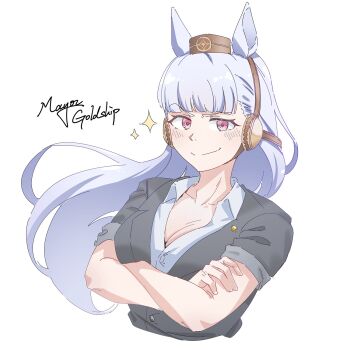 Rule 34 | 1girl, animal ears, black jacket, blunt bangs, bow, breasts, brown hat, cleavage, closed mouth, collarbone, commentary, cropped torso, crossed arms, english commentary, gold ship (umamusume), grey hair, hat, highres, horse ears, horse girl, jacket, long hair, looking at viewer, medium breasts, pillbox hat, purple eyes, shirt, short sleeves, simple background, smile, solo, sparkle, umamusume, white background, white shirt, yirga