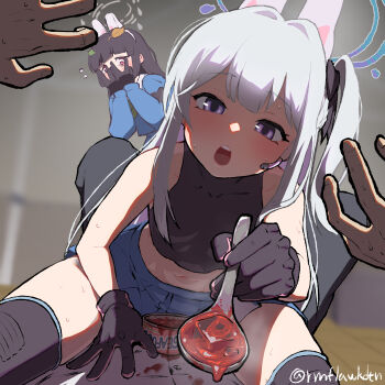 1boy 2girls animal_ears artist_name backscratcher777 bad_food black_gloves blue_archive blue_halo blue_serafuku blue_skirt can canned_food commentary crop_top fake_animal_ears flying_sweatdrops gloves grey_halo halo hands_on_own_face hands_up headset highres holding holding_spoon incoming_food knee_pads leaf leaf_on_head long_hair looking_at_viewer midriff miyako_(blue_archive) miyu_(blue_archive) multiple_girls navel one_side_up open_can open_mouth pov purple_eyes rabbit_ears school_uniform sensei_(blue_archive) serafuku shirt skirt sleeveless sleeveless_shirt small_sweatdrop spoon straddling sweat twitter_username white_hair white_shirt
