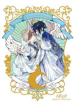 Rule 34 | 2boys, alternate costume, black hair, blue cape, border, brown hair, cape, closed eyes, commentary request, feathered wings, florian (pokemon), halo, hands up, hei tai (kyaputen1), highres, interlocked fingers, kieran (pokemon), long sleeves, male focus, mole, mole on neck, multiple boys, nintendo, pokemon, pokemon sv, robe, short hair, veil, watermark, white border, wings