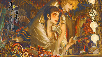 2boys androgynous applying_makeup applying_own_makeup bindi black_hair blonde_hair blue_eyes bottle box bracelet chair chinese_clothes chinese_text copyright_name cosmetics crossdressing crossdressing_(mtf) cup curtains dress english_text eyelashes flower highres holding holding_brush holding_makeup_brush indoors jewelry letter light_bulb lipstick long_hair long_sleeves makeup makeup_brush male_focus multiple_boys on_chair open_mouth original painting_(object) peking_opera perfume_bottle picture_frame red_flower red_lips red_rose rose shirt sitting smile starember table tassel teeth upper_body vase watermark weibo_watermark white_dress white_shirt yellow_eyes