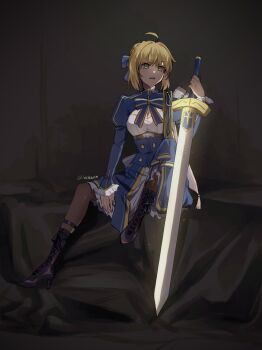 1girl ahoge armor artoria_pendragon_(fate) blonde_hair blue_bow blue_corset blue_dress blue_ribbon boots bow braid breasts brown_background brown_boots buttons cleavage cleavage_cutout clothing_cutout commentary corset dress excalibur_(fate/stay_night) fate/stay_night fate_(series) frilled_dress frills green_eyes hair_bun hair_ribbon high_heel_boots high_heels highres holding holding_sword holding_weapon honkai:_star_rail honkai_(series) iartkura juliet_sleeves long_hair long_sleeves looking_at_object medium_breasts pantyhose parted_bangs parted_lips puffy_sleeves ribbon saber_(fate) saber_(honkai:_star_rail)_(fate) shoulder_armor sidelocks single_braid sitting solo striped_bow striped_clothes striped_dress sword two-tone_dress untranslatable_commentary vertical-striped_clothes vertical-striped_dress weapon white_dress