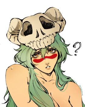1girl ? artist_name bare_shoulders bleach breasts brown_eyes cleavage collarbone facial_mark green_hair hair_between_eyes highres long_hair looking_at_viewer medium_breasts nelliel_tu_odelschwanck parted_lips shirohakune skull_on_head solo topless_female upper_body
