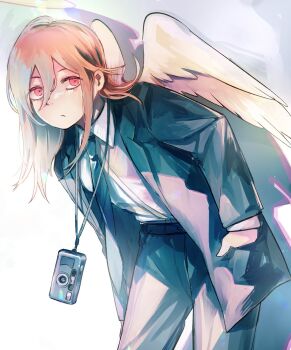 Rule 34 | 1boy, androgynous, angel devil (chainsaw man), angel wings, black necktie, camera, chainsaw man, closed mouth, collared shirt, double-parted bangs, feet out of frame, frown, grey pants, hair behind ear, hands in pockets, highres, lapels, layered sleeves, leaning, leaning forward, long hair, long sleeves, looking to the side, male focus, necktie, notched lapels, pants, red eyes, shirt, shirt tucked in, sideways glance, solo, standing, uzura syouyu, white shirt, white wings, wing collar, wings