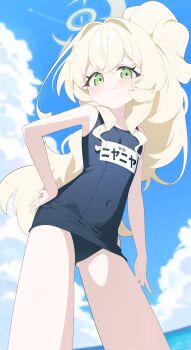 1girl :3 absurdres bare_arms blonde_hair blue_archive blue_one-piece_swimsuit blue_sky blush closed_mouth cloud cloudy_sky commentary covered_navel cowboy_shot crotch_seam day from_below green_eyes halo hand_on_own_hip highres honi_(honi1010) loli long_hair looking_at_viewer name_tag old_school_swimsuit one-piece_swimsuit professor_niyaniya_(blue_archive) revision school_swimsuit sky smile solo swimsuit symbol-only_commentary yellow_halo