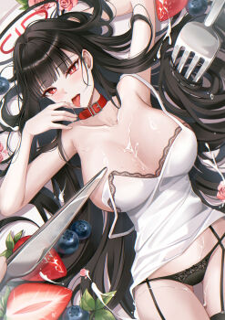1girl 1other absurdres alternate_costume armpits bare_arms bare_shoulders bdsm black_garter_straps black_panties black_thighhighs blue_archive blush breasts camisole collar commentary_request cream_on_body dessert food fork fruit garter_straps halo highres holding holding_knife huge_breasts knife long_hair looking_at_viewer open_mouth panties pippin_(pippin_sol) pov red_collar red_eyes red_halo rio_(blue_archive) slave strawberry thighhighs tongue tongue_out underwear very_long_hair white_camisole