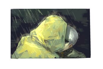 Rule 34 | 2boys, adachi tooru, beliadada, border, from behind, grey hair, hood, hood up, implied kiss, male focus, multiple boys, narukami yu, persona, persona 4, rain, raincoat, school uniform, short hair, upper body, white border, yaoi, yasogami school uniform, yellow raincoat