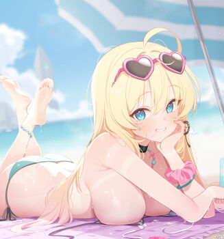 1girl ahoge ass bare_shoulders beach bikini blonde_hair blue_bikini blue_eyes blurry blurry_background breasts deyui highres large_breasts long_hair lying noya_(stella_sora) ocean on_stomach open_clothes sand side-tie_bikini_bottom solo stella_sora sunglasses swimsuit untied_bikini