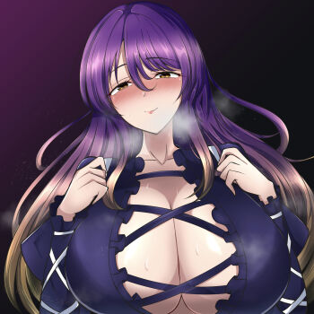 1girl absurdres areola_slip black_dress blush breasts brown_hair center_opening cleavage commentary_request cross-laced_clothes dress gradient_hair hashiro_fumi heavy_breathing highres hijiri_byakuren huge_breasts lips long_hair long_sleeves looking_at_viewer multicolored_hair no_bra purple_hair seductive_smile smile sweat touhou yellow_eyes