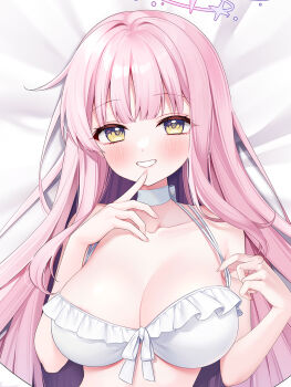 1girl amayume_info bare_arms bare_shoulders bikini blue_archive blush breasts choker collarbone commentary_request finger_to_mouth frilled_bikini frills halo highres large_breasts long_hair looking_at_viewer lying mika_(blue_archive) mika_(swimsuit)_(blue_archive) multicolored_eyes navel official_alternate_costume official_alternate_hairstyle on_back parted_lips pink_hair pink_halo smile solo stomach swimsuit teeth two-tone_eyes upper_body very_long_hair white_bikini white_choker yellow_eyes