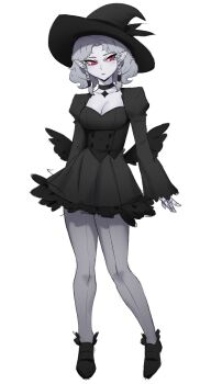 1girl absurdres agrat_bat_mahlat_(megami_tensei) black_collar black_dress black_shoes black_wings blush braid breasts collar colored_sclera colored_skin demon_(megami_tensei) doll_joints dress edmonmondo frilled_dress frills grey_skin hat highres joints long_sleeves magical_girl pantyhose pointy_ears red_eyes red_sclera shin_megami_tensei shin_megami_tensei_v shin_megami_tensei_v:_vengeance shoes small_breasts twin_braids wings witch_hat