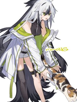 1girl bare_shoulders black_hair breasts cat coat crop_top cropped_shirt fate/grand_order fate_(series) green_eyes green_jacket highres jacket long_hair multicolored_coat multicolored_hair multicolored_jacket nagao_kagetora_(fate) open_clothes rizu033 shorts smile solo two-tone_coat two-tone_hair two-tone_jacket uesugi_kenshin_(second_ascension)_(fate) white_hair white_jacket white_shorts