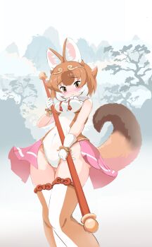 Rule 34 | 1girl, absurdres, animal ears, bare shoulders, blush, bo staff, bow, breasts, brown hair, cameltoe, commentary request, commission, covered navel, dhole (kemono friends), dog ears, dog girl, dog tail, extra ears, gloves, highres, kemono friends, kemono friends 3, koutsuu (koutuukanseikan), large breasts, leotard, looking at viewer, multicolored hair, multicolored leotard, pink skirt, pixiv commission, short hair, skirt, sleeveless, tail, two-tone hair, white hair