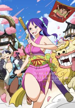 aged_up apple7apo black_hair blush_stickers bow breasts brown_hair centaur cleavage cleavage_cutout clothing_cutout daifugo_(one_piece) falling_petals feet floral_print floral_print_sash goggles goggles_on_head hamlet_(one_piece) happy high_ponytail highres holding holding_behind_back holding_kunai holding_sword holding_sword_behind_back holding_weapon holding_weapon_behind_back horns japanese_clothes jewelry katana kimono komachiyo kunai kurozumi_tama multicolored_hair multiple_boys multiple_girls necklace ninja one_piece open_mouth petals pink_kimono ponytail purple_eyes purple_hair ribbon sandals sash scabbard sheath shinobu_(one_piece) short_hair short_kimono sideboob smile speed_(one_piece) split-color_hair sword taur thighs twintails wanokuni watermark weapon white_hair yamato_(one_piece)