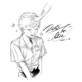 Rule 34 | 2boys, blush, buttons, collared shirt, commentary, dated, disembodied hand, english commentary, greyscale, headpat, highres, hikaru ga shinda natsu, indou hikaru, male focus, monochrome, multiple boys, osirisaldington, pocket, shirt, shirt tucked in, short eyebrows, short hair, short sleeves, signature, simple background, solo focus, tsujinaka yoshiki, white background