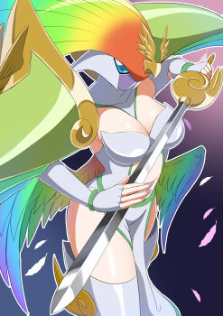 Rule 34 | 1girl, absurdres, ancientirismon, armor, armored boots, bare shoulders, blue eyes, boots, breasts, cleavage, clothing cutout, commentary request, commission, covered mouth, cowboy shot, digimon, digimon (creature), dress, elbow cutout, elbow gloves, falling feathers, feathered wings, feathers, fingerless gloves, gloves, helmet, highres, holding, holding sword, holding weapon, large breasts, long hair, low wings, mask, multicolored hair, pelvic curtain, purple nails, rainbow hair, rainbow wings, rapier, shoulder armor, solid eyes, solo, stomach cutout, strapless, strapless dress, sword, thigh boots, weapon, white dress, white gloves, wings, yamamoto zetta