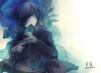 1boy bad_id black_hair blue_eyes commentary_request copyright_name earphones evoker gun hair_over_one_eye holding holding_gun holding_weapon jacket kasuga_haruhi long_sleeves male_focus neck_ribbon open_clothes open_jacket persona persona_3 ribbon school_uniform shirt simple_background solo weapon yuuki_makoto_(persona_3)