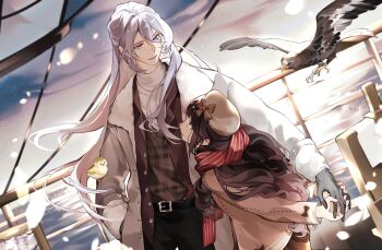 1boy 1girl animal_on_arm arms_behind_back belt belt_buckle beret bird bird_on_arm black_belt black_eyes black_gloves black_hair black_pants blunt_bangs blush bow brown_bow brown_hat brown_jacket brown_sweater_vest buckle cael_anselm cael_anselm_(corridor_of_fate) chinese_commentary closed_mouth coat commentary_request cowboy_shot dutch_angle eagle earrings enpera eye_contact gloves grey_coat hair_between_eyes hand_in_pocket hat hat_bow height_difference heroine_(lovebrush_chronicles) highres holding_hands jacket jewelry leaning_forward light_particles long_hair long_hair_between_eyes long_sleeves looking_at_another looking_down looking_to_the_side looking_up lovebrush_chronicles nail_polish nose_blush ocean on_ship open_clothes open_coat open_jacket outdoors pants plaid_clothes plaid_sweater_vest profile purple_eyes railing red_nails red_scarf scarf ship shirt sidelocks sleeve_bow smile standing striped_clothes striped_scarf sweater_vest turtleneck turtleneck_shirt very_long_hair wangulongdong watercraft wavy_hair white_hair white_shirt yellow_bird