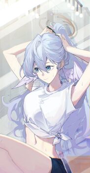 1girl against_mirror alternate_costume aqua_eyes black_shorts commentary_request hair_between_eyes hair_tie halo head_wings high_ponytail highres holding holding_hair_tie honkai:_star_rail honkai_(series) knees_out_of_frame korean_commentary lights long_hair looking_ahead midriff nanana184555 navel ponytail reflection robin_(honkai:_star_rail) shirt shorts side-tie_shirt single_hair_intake sitting smile solo studio sweatdrop twitter_username tying_hair very_long_hair white_hair white_shirt wings