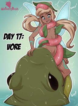 1girl ^^^ ahoge artist_name blonde_hair blue_eyes breasts clenched_teeth commentary completely_nude dark-skinned_female dark_skin english_commentary english_text fairy fairy_wings female_pubic_hair frog highres kinktober leaf leaf_on_head long_tongue malberrybush mini_person minigirl nipples nude original outline pointy_ears predator_and_prey pubic_hair scared small_breasts teeth tongue vore water white_outline wings