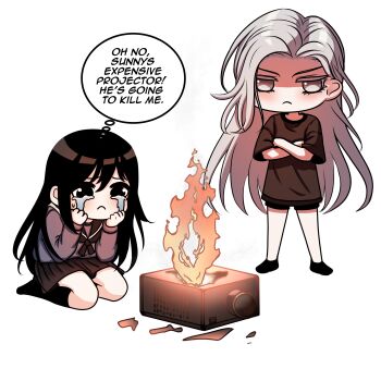 Rule 34 | 2girls, absurdres, black hair, black serafuku, black shirt, black shorts, black skirt, black socks, burning, catphine, chest bow, chibi, chibi only, commentary, crossed arms, crying, crying with eyes open, english commentary, english text, fire, frown, full body, highres, long hair, looking at another, multiple girls, nephis (shadow slave), partially shaded face, projector, rain (shadow slave), school uniform, seiza, serafuku, shadow slave, shirt, shorts, sitting, skirt, socks, speech bubble, t-shirt, tears, very long hair, white hair