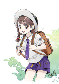 Rule 34 | 1girl, backpack, bag, brown eyes, brown hair, chocomeito, collared shirt, commentary request, cropped legs, glint, hat, highres, holding strap, juliana (pokemon), looking at viewer, necktie, nintendo, open mouth, pokemon, pokemon sv, purple necktie, purple shorts, shirt, shorts, solo, white shirt