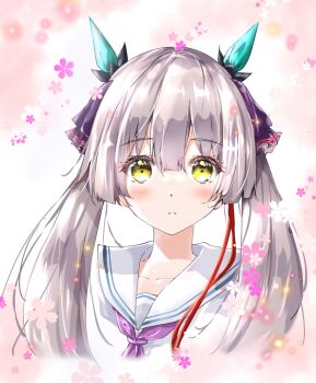 Rule 34 | 1girl, alternate costume, ayaro (genkiloobaii), blunt bangs, blunt ends, blush, closed mouth, commentary request, cropped torso, eyelashes, eyes visible through hair, floral background, frown, grey hair, hair ribbon, heaven burns red, highres, hime cut, light particles, long hair, neckerchief, ogasawara hisame, pink background, purple neckerchief, purple ribbon, red ribbon, ribbon, school uniform, serafuku, shirt, sidelocks, simple background, solo, straight hair, tareme, twintails, upper body, white shirt, yellow eyes