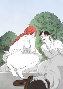 1girl 4boys absurdres ass bare_legs barefoot bottomless braid braided_ponytail chainsaw_man corpse covered_eyes dougi facing_another feet from_behind highres japanese_clothes kimono long_hair makima_(chainsaw_man) multiple_boys object_on_head open_mouth outdoors panties panties_on_head pink_panties red_hair scene_reference seiza senaka_look shirt sitting squatting sweat tiptoes underwear white_shirt