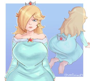 1girl all_fours alternate_breast_size_(larger) angry arms_at_sides artist_name ass blonde_hair blue_background blue_dress blue_eyes border breasts brooch collarbone crown curly_hair curvy dress earrings feet female_focus from_behind frown gradient_background hair_over_one_eye hashtag-only_commentary highres huge_ass jewelry large_breasts long_hair long_sleeves looking_at_viewer mario_(series) multiple_views nintendo off_shoulder outside_border pink_lips reference_work rosalina serotonine89 soles star_(symbol) star_earrings straight-on super_mario_galaxy the_super_mario_bros._movie unworn_crown white_trim