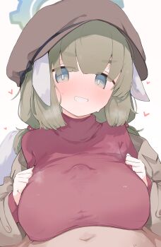 1boy 1girl absurdres animal_ears blue_archive blush breasts brown_coat brown_hat coat green_eyes green_halo grey_hair grin halo hat heart hetero highres large_breasts long_hair long_sleeves looking_at_viewer mikozin newsboy_cap open_clothes open_coat paizuri paizuri_under_clothes penis red_shirt sheep_ears shirt simple_background smile white_background yakumo_(blue_archive)