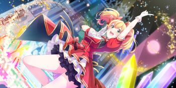 1girl arm_up black_skirt blonde_hair blurry blurry_background blush bow breasts building buttons cowboy_shot crystal dot_nose double-breasted dress dutch_angle game_cg gloves green_eyes hair_bow hand_up highres idol idol_clothes index_finger_raised lapis_re:lights large_breasts lavie_(lapis_re:lights) layered_skirt looking_at_viewer night night_sky official_art open_mouth outdoors plaid_bow red_bow red_dress red_skirt short_sleeves skirt sky smile solo sparkle stage stage_lights standing standing_on_one_leg star_(sky) starry_sky teeth third-party_source twintails upper_teeth_only white_gloves white_skirt