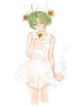 1girl absurdres animal_hat bare_shoulders bell cat_hat cat_tail chinese_commentary closed_mouth commentary_request cowboy_shot cropped_legs dejiko di_gi_charat dress green_eyes green_hair hair_bell hair_ornament hand_up hat highres jingle_bell looking_at_viewer parted_bangs short_dress short_hair simple_background sleeveless sleeveless_dress solo standing tail white_background white_dress yang_yu_sanjiao
