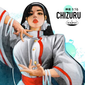 1girl black_eyes black_hair breasts chizuru_kagura curvy dress earrings female_focus hairband hands_up huge_breasts ickpot jewelry kagura_chizuru large_breasts long_hair long_sleeves looking_at_viewer pale_skin the_king_of_fighters thick_lips wide_hips