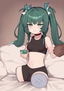 1girl :/ akisaka_akira amputee android armpit_crease bare_arms bare_shoulders bike_shorts black_choker black_shorts black_sports_bra braid breasts brown_background chawan choker closed_mouth collarbone commentary_request crossed_bangs cup dot_nose double_amputee drinking_glass full_body green_eyes green_hair hair_ornament hair_ribbon hands_up holding holding_cup holding_teapot indoors jitome joints legless_amputee light_blush long_hair making-of_available mechabare midriff navel on_bed paid_reward_available pillow qingyi_(zenless_zone_zero) ribbon robot_joints short_shorts shorts side_braid skin_tight small_breasts solo sphere_hair_ornament sports_bra teapot twintails underwear underwear_only zenless_zone_zero