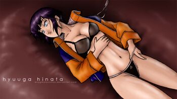 1girl black_bra black_panties borrowed_clothes bra breasts cleavage covered_erect_nipples curvy enygmatycninja grey_eyes hand_on_own_stomach highres hyuuga_hinata jacket large_breasts legs looking_to_the_side lying naruto_(classic) naruto_(series) navel nipples open_clothes open_jacket panties pulling_own_clothes purple_hair seductive_gaze see-through_clothes short_hair solo source_request thighs toned underwear