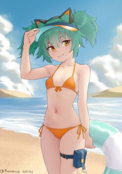 Rule 34 | 1girl, :3, absurdres, animal ear fluff, animal ears, aqua hair, arm at side, bare arms, bare shoulders, beach, bikini, blue sky, breasts, closed mouth, cloud, collarbone, cowboy shot, dated, day, fake animal ears, front-tie bikini top, front-tie top, hair bet, hair between eyes, hand on headwear, hand up, highres, holding, holding swim ring, innertube, legs together, looking at viewer, navel, ocean, orange bikini, original, outdoors, pouch, ruinone, short twintails, side-tie bikini bottom, skindentation, sky, small breasts, smile, solo, standing, string bikini, striped innertube, swim ring, swimsuit, thigh pouch, thigh strap, twintails, twitter username, v-shaped eyebrows, visor cap, yellow eyes