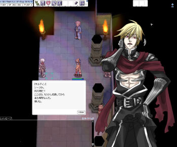 1boy armor assassin_cross_(ragnarok_online) black_cape black_pants black_shirt blonde_hair cape commentary_request cowboy_shot game_screenshot_background hair_between_eyes hand_on_own_neck looking_at_viewer male_focus open_mouth pants pauldrons ragnarok_online red_eyes red_scarf scarf screenshot_background shirt short_hair shoulder_armor smile solo toriria torn_clothes torn_scarf translation_request vambraces waist_cape