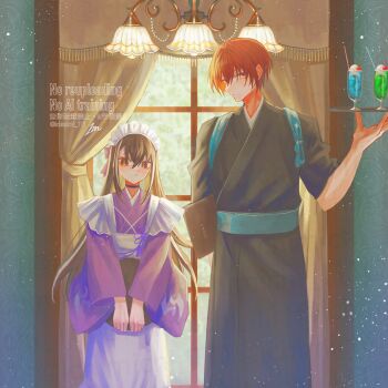 1boy 1girl apron black_choker black_eyes black_hair black_kimono chandelier cherry choker cup curtains drink drinking_glass drinking_straw fate/grand_order fate_(series) food fruit hair_intakes harada_sanosuke_(fate) highres holding holding_menu holding_tray ice_cream ice_cream_float ichimichi_111 indoors japanese_clothes kawakami_gensai_(fate) kawakami_gensai_(second_ascension)_(fate) kimono lamp looking_at_viewer maid maid_apron maid_headdress melon_soda menu multicolored_hair purple_kimono red_hair streaked_hair tasuki tray wa_maid white_apron white_hair window