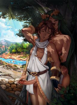 Rule 34 | 1boy, 1girl, against tree, age difference, ancient greek clothes, armpits, belt, bracelet, bracer, breasts, brown hair, chiton, circlet, closed eyes, commission, dark-skinned male, dark skin, erection, fingerless gloves, gloves, grabbing from behind, greco-roman clothes, handjob, height difference, hetero, huge breasts, jewelry, karasu h, kid icarus, kid icarus uprising, laurel crown, nintendo, nipples, onee-shota, outdoors, palutena, pectorals, penis, pit (kid icarus), precum, river, shade, sunlight, testicles, tiara, toga, tree, uncensored
