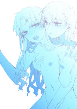 2girls absurdres against_glass arms_around_neck between_legs blue_theme blush breasts collarbone commentary_request completely_nude cowboy_shot groin groping hand_between_legs higashizukihi_sei highres hug long_hair looking_at_viewer medium_hair misaka_mikoto multiple_girls navel nipples nude shirai_kuroko small_breasts sweat teeth toaru_kagaku_no_railgun toaru_majutsu_no_index upper_teeth_only wavy_hair yuri